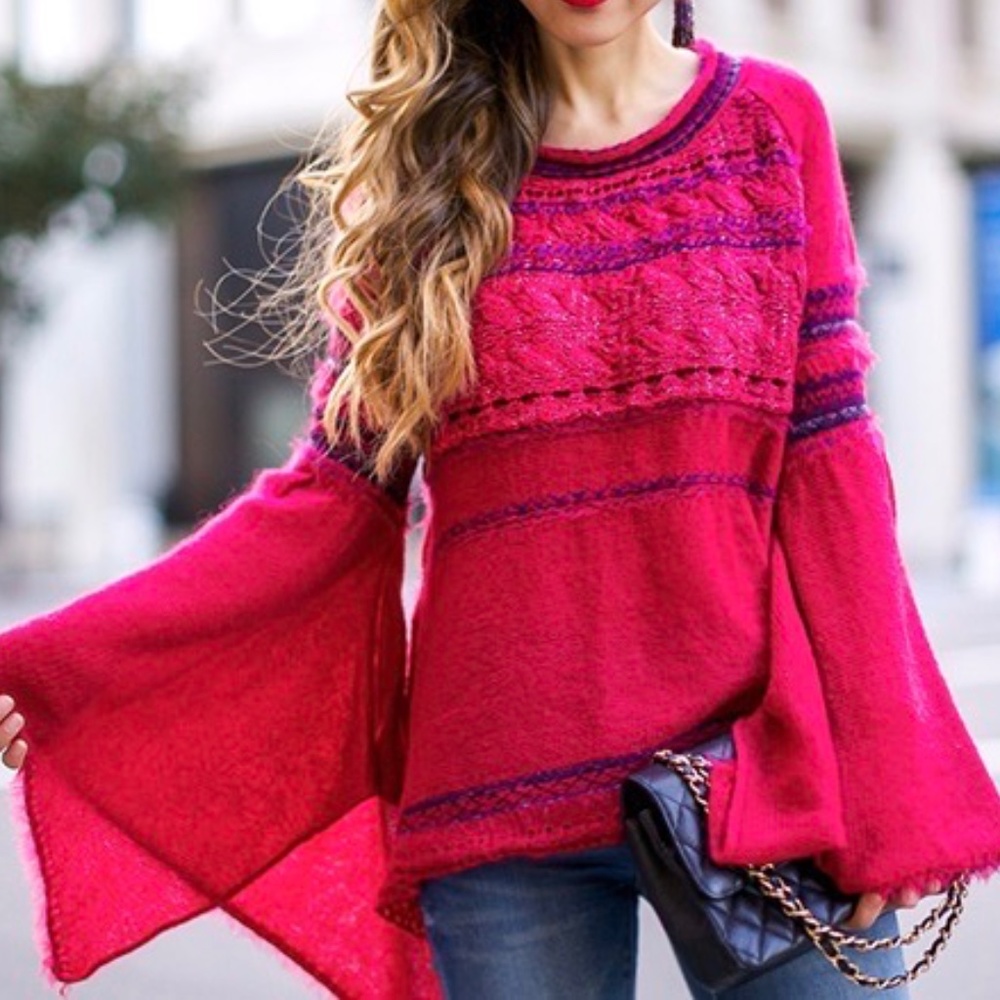 Free People Craft Time Boho Bell Sleeve Pink Sweater Alpaca Wool Mohair - Picture 8 of 9